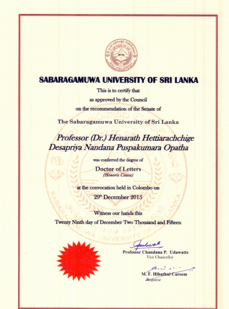Dlitt Prof Opatha Final Certificate - USJ - University of Sri