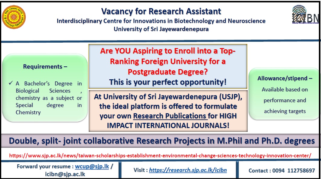research assistant vacancies in sri lankan universities