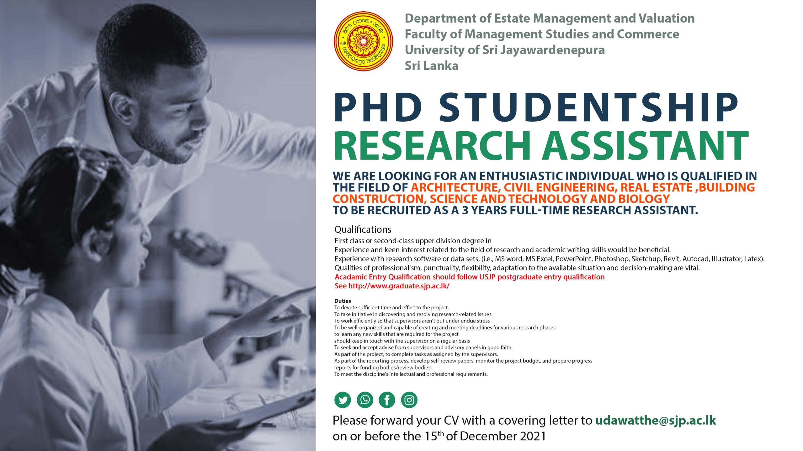 research assistant vacancies in sri lankan universities