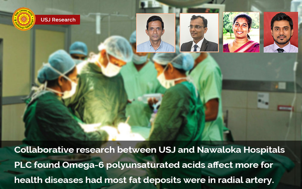 Collaborative research between USJ and Nawaloka Hospitals PLC found Omega-6 polyunsaturated acids affect more for health diseases had most fat deposits were in radial artery