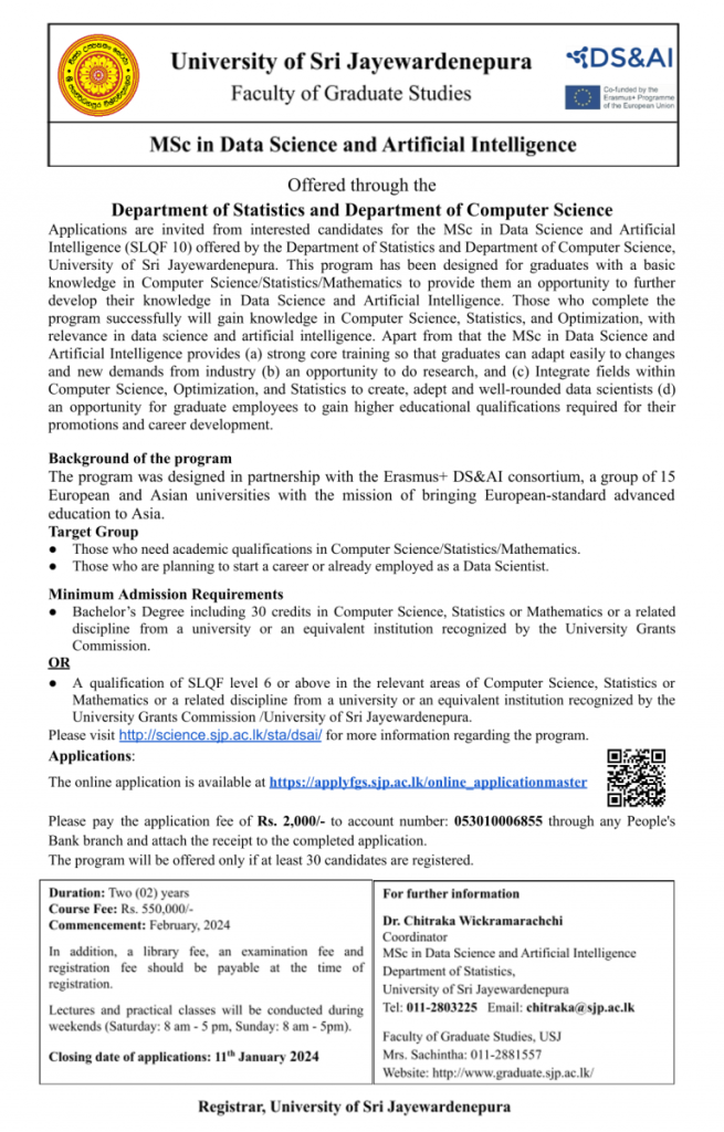 MSc in Data Science & AI - 2024 Intake - USJ - University of Sri